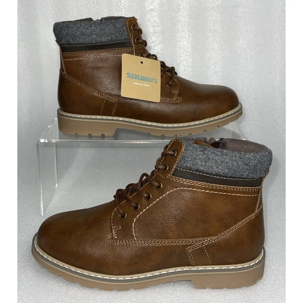 Thereabouts Nolan Brown Boots Lace up & Side Zipper Memory Foam Boys Size 2M NEW